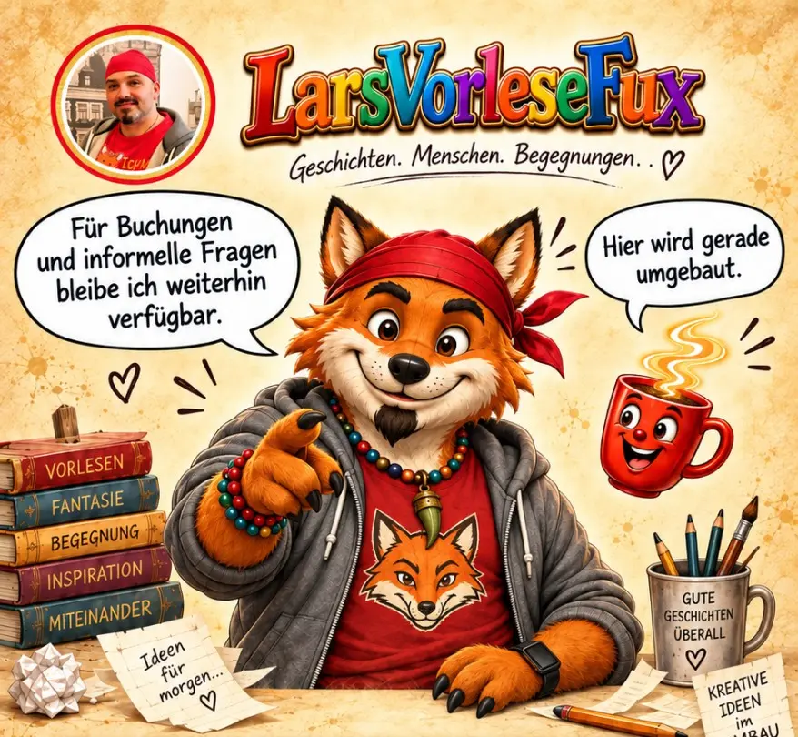 LarsVorleseFux und die rote Tasse sagen: Für Buchungen und informelle Fragen bleibe ich weiterhin verfügbar. Hier wird gerade umgebaut.