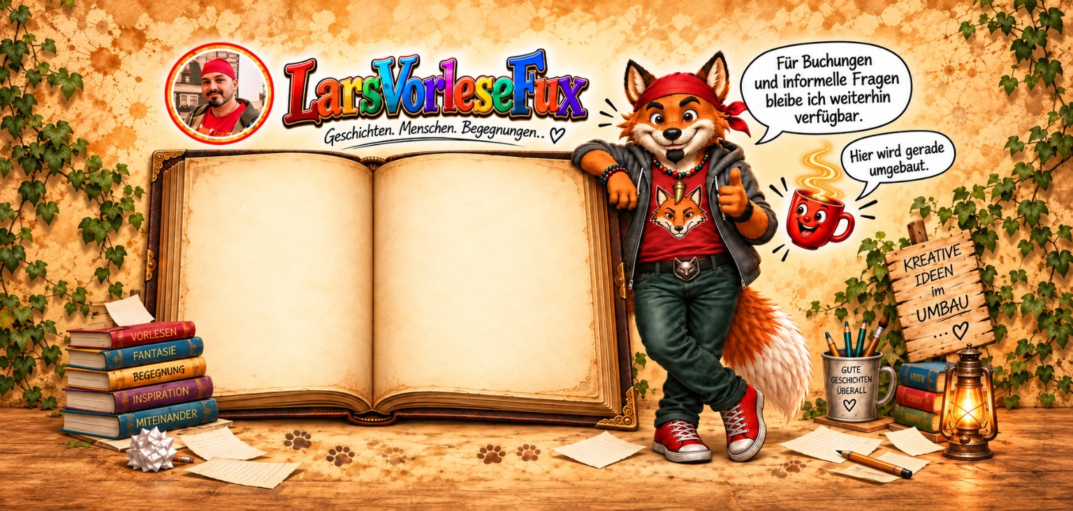 LarsVorleseFux und die schwebende rote Tasse neben einem großen aufgeschlagenen Kontaktbuch.